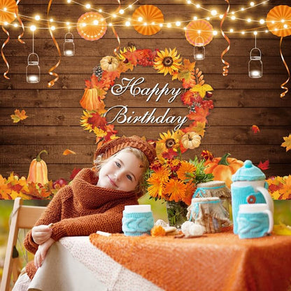 AIBIIN Fall Birthday Banner Backdrop Autumn Rustic Wood Wall Photography Background Thanksgiving Pumpkin Maple Leaf Harvest Wreath Mexican Paper Fan Party Decoration Bday Cake Smash Photo Studio Props - size: 7x5ft