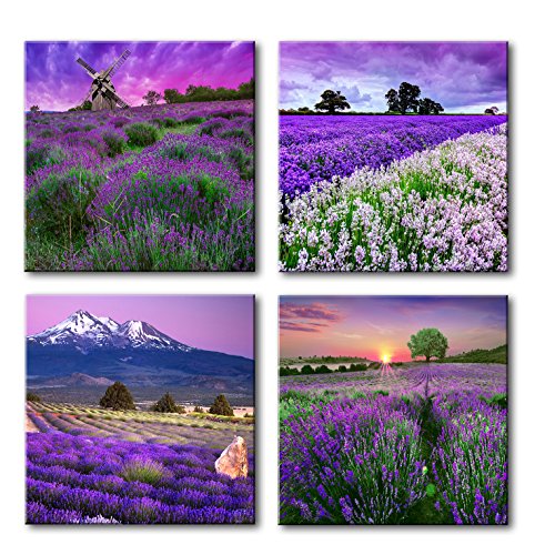 Lavender Flowers Wall Art Decor Canvas Prints Purple Floral Pictures Painting Artwork Framed 16x16 Inch 4 Panels Modern Landscape Still Life Photos Home Decoration Ready to Hang Bedroom Bathroom - color: Purple Lavender, size: 16"l X 16"w