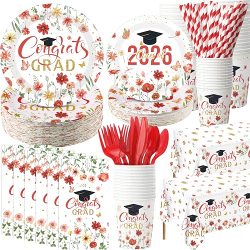 Ceenna 452 Pcs 2026 Red Floral Graduation Party Decoration for 50, Red Gold Wildflower Congrats Grad Paper Plates Napkins Cups Tablecloth Cutlery Straw Grad Tableware for Class of 2026 Party Supply - color: Red