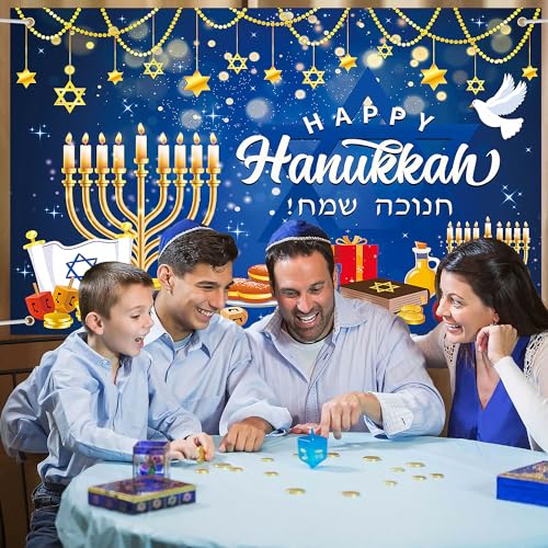 Lucleag Happy Hanukkah Backdrop Banner, 71 x 43 Inch Menorah Blue Shiny Lamps Chanukah Party Background for Hanukkah Decorations, Banner Photography Backdrop for Hanukkah Party Supplies