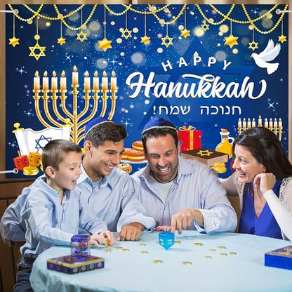 Lucleag Happy Hanukkah Backdrop Banner, 71 x 43 Inch Menorah Blue Shiny Lamps Chanukah Party Background for Hanukkah Decorations, Banner Photography Backdrop for Hanukkah Party Supplies