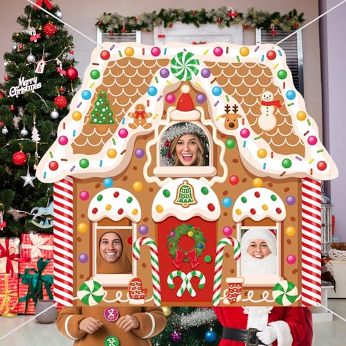 Panelee Christmas Gingerbread House Photo Booth Props Gingerbread Man Backdrop Door Banner Decorations Fabric Background for Xmas Winter Holiday Indoor Outdoor Party Photo Decor - style: Classic