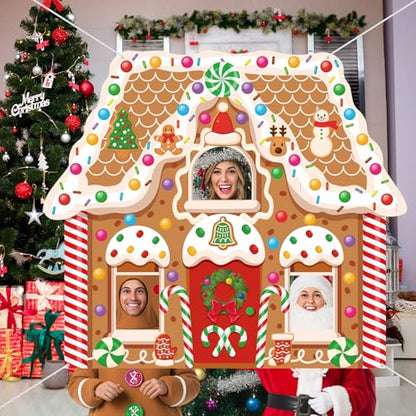 Panelee Christmas Gingerbread House Photo Booth Props Gingerbread Man Backdrop Door Banner Decorations Fabric Background for Xmas Winter Holiday Indoor Outdoor Party Photo Decor - style: Classic