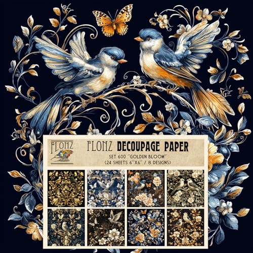 Decoupage Paper Pack (24 Sheets 6"x6") Golden Bloom: Classic Floral and Bird Motifs with Elegant Accents on Dark Backgrounds # Vintage Styled Paper for Craft and Scrapbooking - color: Fortynine