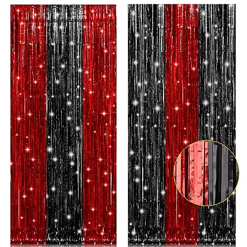 PIGETALE, 2 Pack 3.2x8.2 Feet Black and Red Foil Fringe Curtains Party Decorations, Tinsel Curtain Backdrop Streamers for Birthday Graduation Fiesta Stranger Theme Halloween Christmas Party Supplies - color: Red and Black