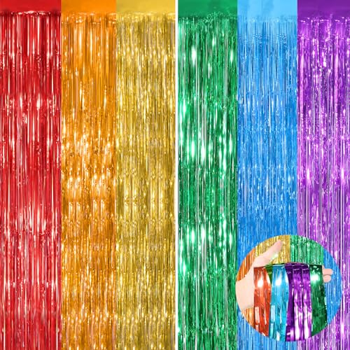 Rainbow Metallic Tinsel Foil Fringe Curtains, 2 Pack 3.3x8.3 Feet Party Streamer for Birthday Party Decorations, Halloween Decor, Foil Curtain for Christmas Party - color: Rainbow, size: 2 Pack