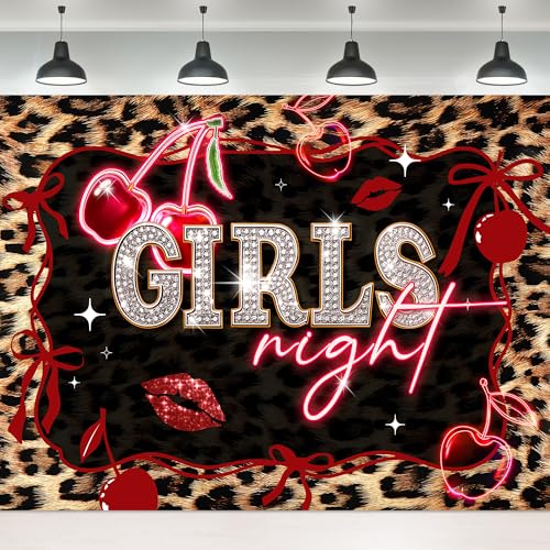 Girls Night Red Cherry Backdrop 8Wx6H Feet Fabric Polyester Leopard Print Bow Lips Birthday Vintage Cheetah Fashion Cute Glitter Woman Girly Photography Background Banner Photo Shoot Decor Prop - color: A-01leopard cherry red, size: 8Wx6H