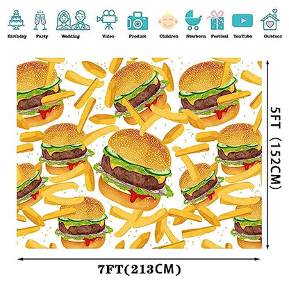 Hamburger French Fries Backdrop, 7x5ft, Fast Food Photograhy Background Birthday Party Supplies Burger Shop Decoration Banner Photo Booth Props BJOKPR0256 - size: 7x5