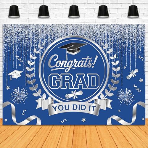 Graduation Backdrop Congrats Grad You Did It Party Decorations Background Congratulations Graduate Class of 2026 Banner Photo Booth Props (Blue and Silver, 7x5ft) - color: Blue and Silver
