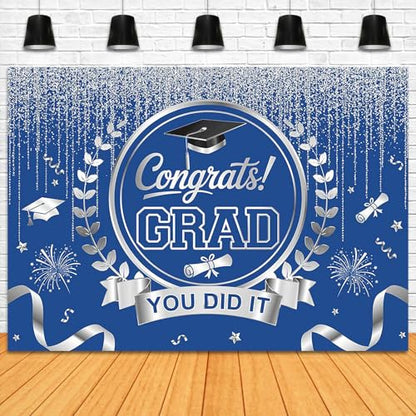 Graduation Backdrop Congrats Grad You Did It Party Decorations Background Congratulations Graduate Class of 2026 Banner Photo Booth Props (Blue and Silver, 7x5ft) - color: Blue and Silver