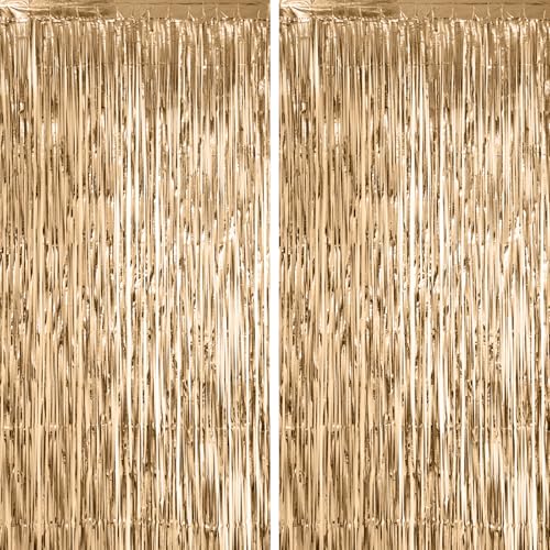 Voircoloria 2 Pack Champagne Foil Fringe Backdrop Curtains, Tinsel Streamers Birthday Party Decorations, Fringe Backdrop for Anniversary, New Years, Birthday Party - color: 28 Champagne