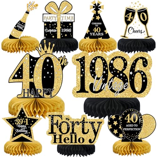 9 Pcs 40th Birthday Decorations Honeycomb Centerpieces for Women Men, Black Gold 1986 Aged to Perfection Vintage Centerpieces for Tables Toppers,Forty Years Party Decorations Supplies - color: Black Gold 40th