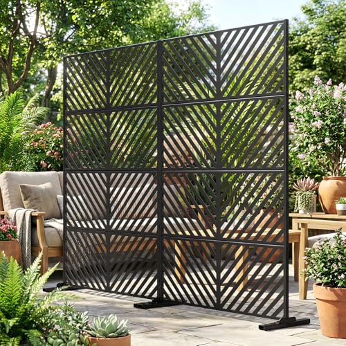 DoCred 2 Pack Metal Privacy Screen, 71" H X 45.7" W Freestanding Rustproof Steel Privacy Panels, Metal Outdoor Privacy Screens Decorative Fence with Stand for Deck, Patio, Backyard & Balcony - color: Black Slant Pattern, size: 71" H x 45.7" W(2 Pack)