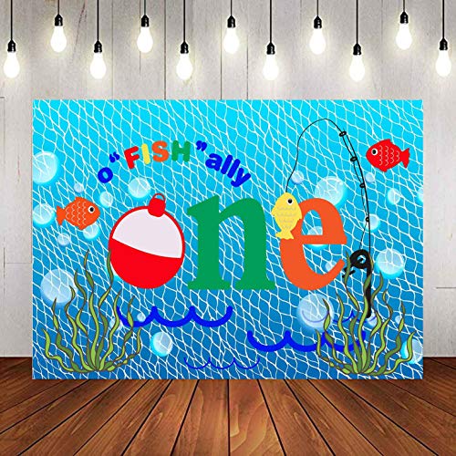 Gone Fishing 1st Birthday Party Photography Backdrop, 9x6FT, O Fish Ally Blue Fishing Nets Bubbles Background, Photo Booth Studio Props LYLU1179 - size: vinyl-9x6ft