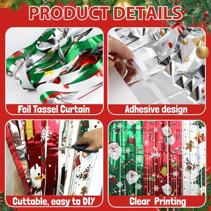 OQOQ Christmas Party Decor Backdrops Kit, 2 Pcs Red Green White Tinsel Foil Fringe Curtains & 1 Set Paper Banner, Large Christmas Photo Booth Props Friendmas Party Supplies - color: Green Red White Christmas