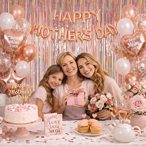 Photo Backdrop for Mothers Day Decorations, Melsan Rose Gold Tinsel Backdrop 2 Pack, Sparkle Foil Fringe Curtains for Rose Gold Birthday Decorations, 3.2 ft x 8.2 ft - color: Rose Gold