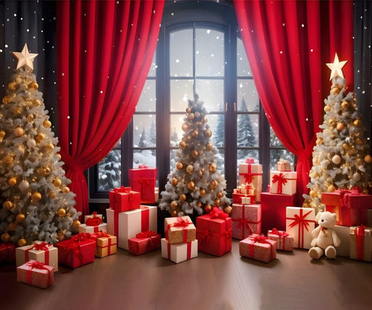 Christmas Backdrops for Winter Window Photography Snow Scene with Red Curtains Xmas Tree Holiday Photo Booth Background for Family Portraits Kids Party Decor Studio Props 12 * 6ft - color: Red, size: 12x6ft