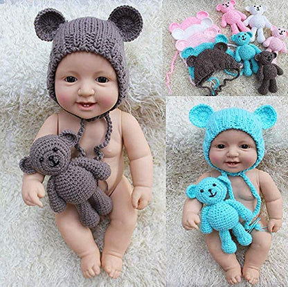 Newborn Baby Photo Shoot Props Boys Girls Crochet Knitted Hat Bear Hat Beanie with Bear Dolls Photography Props - color: Blue