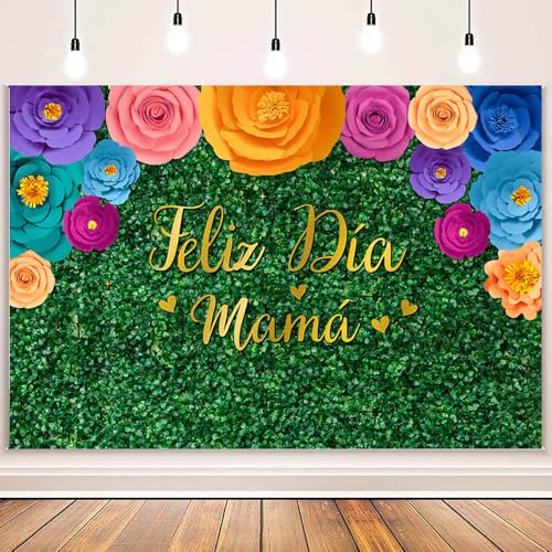 MEHOFOND 7x5ft Feliz Dia Mama Backdrop Happy Mother's Day Photography Background Mexican Fiesta Theme Paper Flower Mothers Day Party Decoration Banner Rustic Wood Feliz Dia De La Madre Decor Backdrop - color: Green