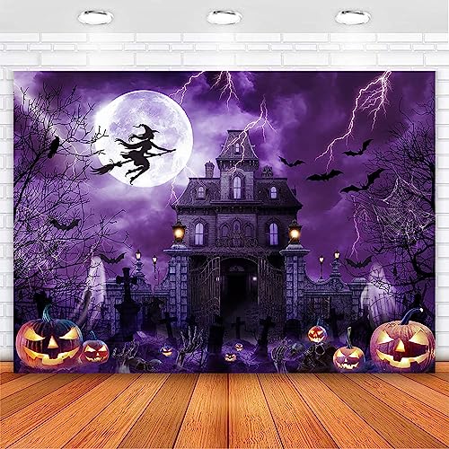 Avezano Halloween Backdrop for Photography Horror Moon Night Ghost Scary Jack O'Lantern Background Grave Scary Sppooky Skull Iron Gate Witch Halloween Party Decor Photo Stuido Props (Purple, 10x7ft) - color: Purple, size: 10x7ft