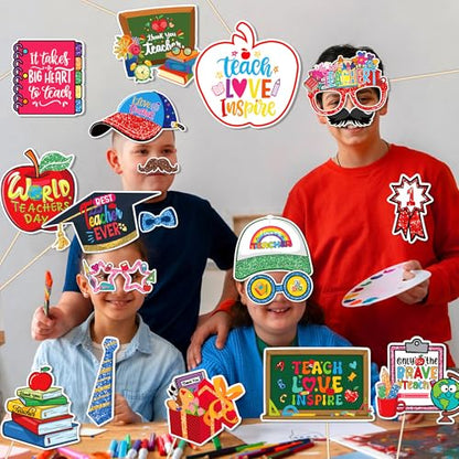 30-Piece Teacher Appreciation Photo Booth Props Set | Glitter Selfie Props with Apple, Pencil & Chalkboard Designs – Perfect for Teachers Day, Appreciation Week & Thank You Parties