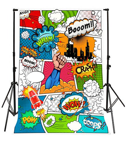 Yeele 5x7ft Cartoon Superhero Photography Background Humor Comics Book Photo Backdrops Vinyl Knock Combating Villain Boom Crash Rocket Pow Newborn Baby Boys Birthday Party Decorative Studio Props