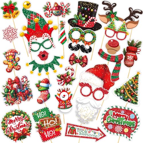 30pcs Christmas Photo Booth Props Funny Christmas Party Decorations Photobooth Favors Games Supplies for Kids Adults - color: Red Green Black