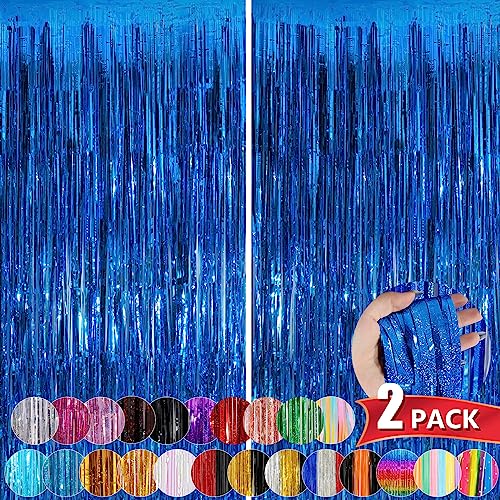 Blue Metallic Tinsel Foil Fringe Curtains, 2 Pack 3.3x8.3 Feet Party Streamer Curtains for Birthday Party Decorations, Halloween Decor, Foil Curtain Backdrop for Bachelorette Party - color: Blue, size: 2 Pack