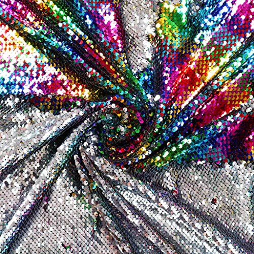 DUOBAO Rainbow to Silver Mermaid Fabric by The Yard Two Tone Sequin Glitter Fabrics Sequence Reversible Unique Quality Material Mesh Sequins for Tablecloth Table Runner Backdrop - color: Rainbow to Silver, size: 1 Yard