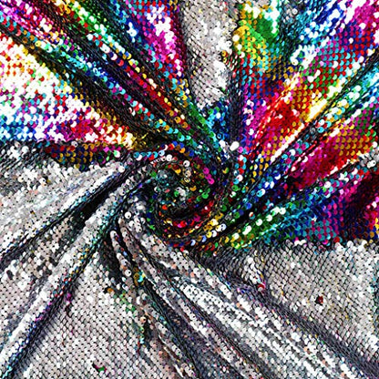 DUOBAO Rainbow to Silver Mermaid Fabric by The Yard Two Tone Sequin Glitter Fabrics Sequence Reversible Unique Quality Material Mesh Sequins for Tablecloth Table Runner Backdrop - color: Rainbow to Silver, size: 1 Yard