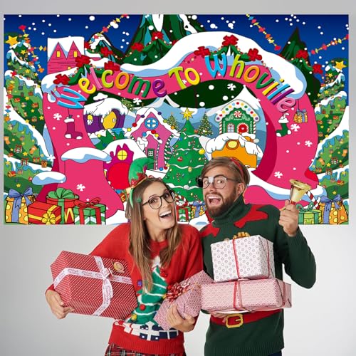 Welcome to Whoville Backdrop Winter Christmas Village Photography Background for Kids First Birthday Baby Shower Happy New Year Xmas Holiday Party Decoration Supplies Photo Props (6x4FT) - size: 6x4FT