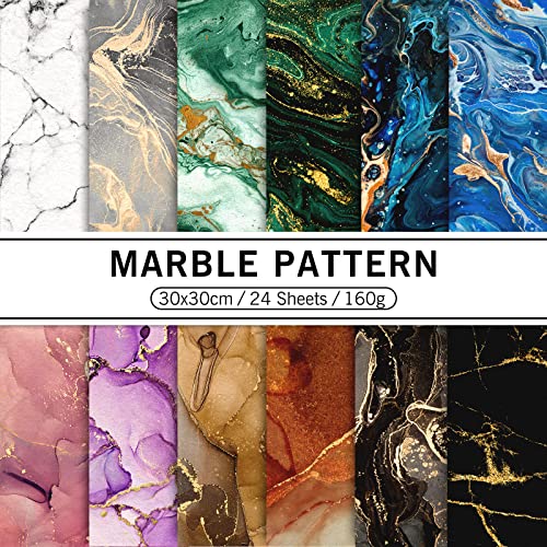 Whaline 24Pcs Marble Pattern Paper Pack Colorful Marble Scrapbook Specialty Paper Double-Sided Patterned Papers Collection for DIY Background Card Making Photo Album Decor, 11.8 x 11.8 inch