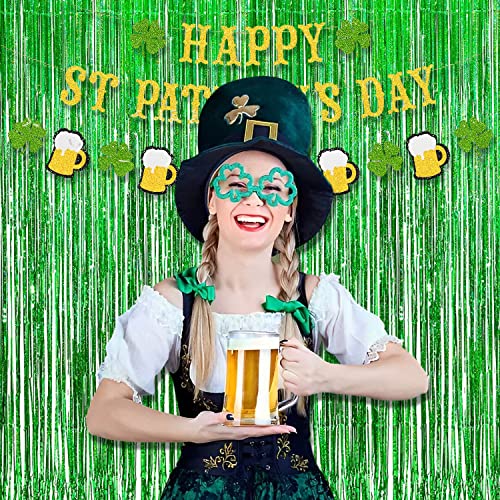 BRAVESHINE Green Party Streamers Backdrop - 2 Pack 3.2 x 8.2ft Metallic Tinsel Foil Fringe Curtains for St Patricks Day/Birthday/Hawaiian/Luau/Dinosaur/Football/Graduation/Christmas Party Decorations - color: Green