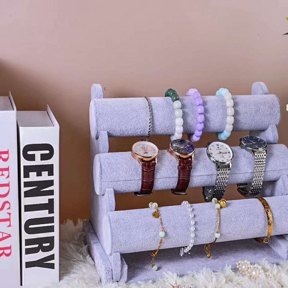 Velvet 3 Tier Bracelet Holder Display Stand, Detachable Jewelry Organizer Rack for Vendors, Grey Watch Organizer Racks for Selling