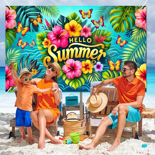 HOMETITUTE Hello Summer Banner 71 x 43 inch Summer Hawaiian Party Decorations Flower Butterfly Summer Outdoor Decorations Supplies Backdrop Tropical Beach Hawaiian Party Themed Photo Booth Props