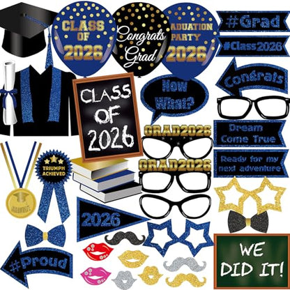 Class of 2026 Graduation Photo Booth Props Set - 35PCS Blue and Gold Graduation Party Decorations with Paper Sticks & Double-Sided Tape, Perfect for 2026 Congrat Grad Party Supplies