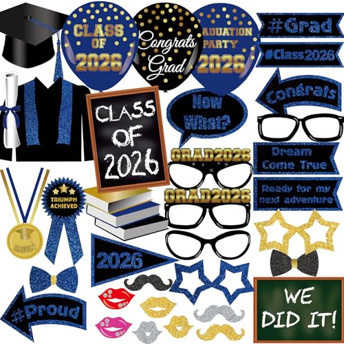 Class of 2026 Graduation Photo Booth Props Set - 35PCS Blue and Gold Graduation Party Decorations with Paper Sticks & Double-Sided Tape, Perfect for 2026 Congrat Grad Party Supplies