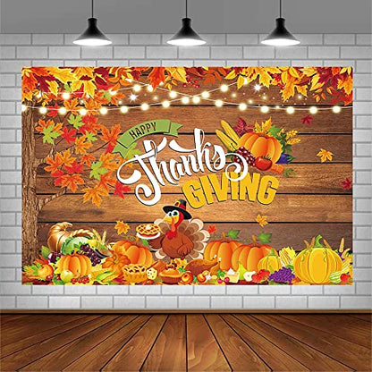 Sendy 7x5ft Happy Thanksgiving Backdrop Give Thanks Autumn Harvest Party Decorations Supplies Fall Pumpkin Turkey Maple Leaves Rustic Wood Banner Photography Background Event Photo Shoot Props Vinyl