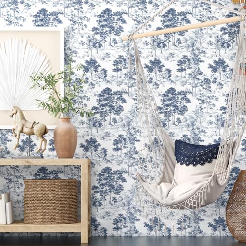 Extra Long Navy Toile Tree Peel and Stick Wallpaper, 17.5In x 393In Toile de Jouy Navy White Design Self-Adhesive Waterproof Wall Paper for Bedroom Kitchen Power Room Vinyl Contact Paper - color: White/Navy, size: 17.5" x 393"
