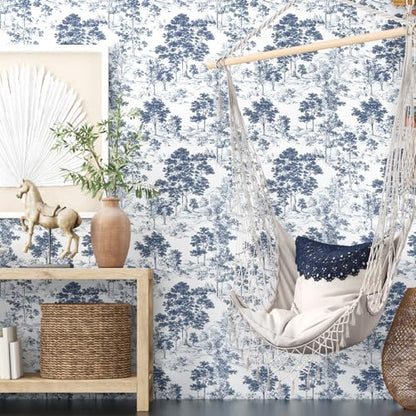 Extra Long Navy Toile Tree Peel and Stick Wallpaper, 17.5In x 393In Toile de Jouy Navy White Design Self-Adhesive Waterproof Wall Paper for Bedroom Kitchen Power Room Vinyl Contact Paper - color: White/Navy, size: 17.5" x 393"