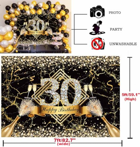 Sensfun Black Gold 30th Birthday Backdrop 30 Years Old Happy Birthday Decorations Banner for Women Diamond Thirty Birthday Party Suppiles Marble Champagne Photography Background Photoshoot Prop 7x5ft - size: 7x5ft