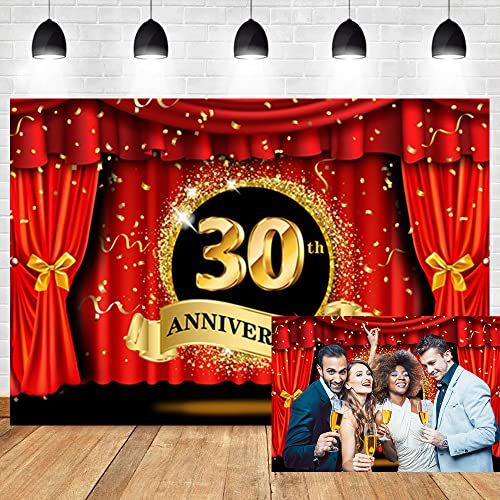 7x5ft Happy 30th Anniversary Backdrop Luxury Stage Red Curtain Glitter Golden Spots Photography Background Lover Couple Marriage Wedding Anniversary Celebration Party Vinyl Studio Props - color: 30th, size: 7x5ft