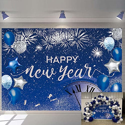 Blue Happy New Year Backdrop 2026 New Year Eve Party Photography Background Fireworks Navy Blue Silver Glitter Sequin New Years Party Decor Supplies Banner Gift Ideas Favor 8X6FT - size: 8X6FT(96x72 inch)
