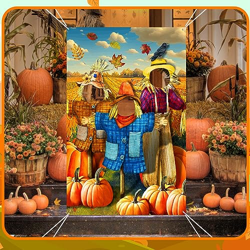 Buryeah Thanksgiving Photography Backdrop Scarecrow Pumpkin Photo Halloween Background Fall Backdrops for Photography Autumn Party Photo Props with Head Cutout Banner with 10 Meter Rope 73 x 47''