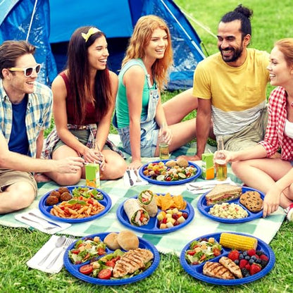 Umigy 100 Pcs 10 Inch 3 Compartments Divided Plastic Plates Bulk Colorful Disposable Heavy Duty Round Dinnerware for Party Valentine Wedding Birthday(Blue) - color: Blue