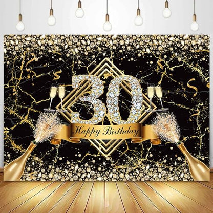 Sensfun Black Gold 30th Birthday Backdrop 30 Years Old Happy Birthday Decorations Banner for Women Diamond Thirty Birthday Party Suppiles Marble Champagne Photography Background Photoshoot Prop 8x6ft - size: 8x6ft