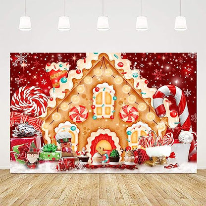 Ticuenicoa Christmas Gingerbread House Backdrop for Photography 5x3ft Winter Merry Xmas Snow Scene Lollipop Red Candyland Background Santa Baby Shower Birthday Party Decorations Photo Studio Props - size: 5x3ft