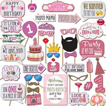 1st Birthday Girl Photo Booth Props - 41-pc Photobooth Kit with 8 x 10-Inch Sign, 60 Adhesive Pads, 45 Sticks - First Birthday Photo Kit