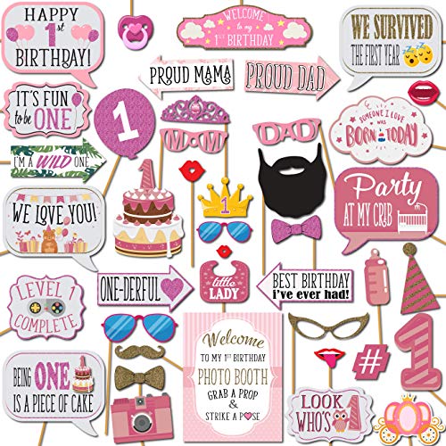 1st Birthday Girl Photo Booth Props - 41-pc Photobooth Kit with 8 x 10-Inch Sign, 60 Adhesive Pads, 45 Sticks - First Birthday Photo Kit