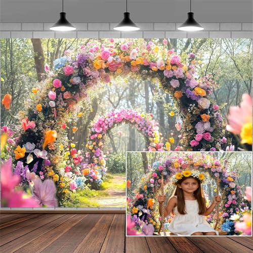 7X5FT Spring Flower Photography Backdrop Enchanted Forest Floral Arch Party Background Girl Tea Party Decorations Magic Fairy Tale Wonderland Banner Garden Birthday Baby Shower Photo Booth Props - color: Colorful, size: 7X5FT
